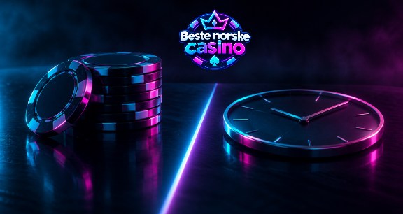 Ansvarlig spilling, casinobrikker og en klokke i neonlys på mørk bakgrunn